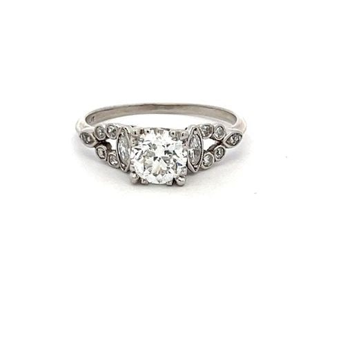 1.43 CARAT OLD EUROPEAN CUT & MARQUIS & DIAMOND PLATINUM ART DECO RING: 1.43 CARAT OLD EUROPEAN CUT & MARQUIS & DIAMOND PLATINUM ART DECO RING Title: 1.43 Carat Circular Brilliant Cut H VS1 and Marquis Shape and Old European Cut Diamond Platinum Art Deco Ring Style: Art D