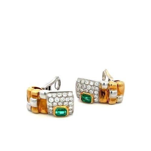 18K TWO-TONE GOLD CLIP-ON EARRINGS WITH 1.15 CARAT DIAMONDS & 0.9 CARAT EMERALD (1 of 2)