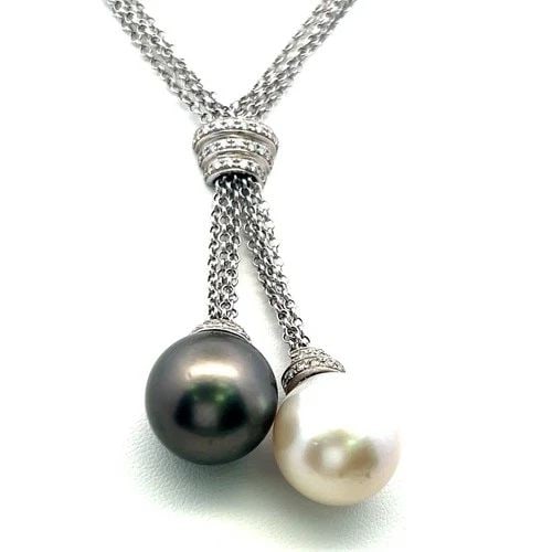 TAHITIAN & SOUTH SEA PEARL DIAMOND 18K WHITE GOLD TWO DROP PENDANT NECKLACE: TAHITIAN & SOUTH SEA PEARL DIAMOND 18K WHITE GOLD TWO DROP PENDANT NECKLACE PRODUCT DESCRIPTION Title: This exquisite two-drop pendant necklace blends timeless elegance with modern luxury. Crafted in 
