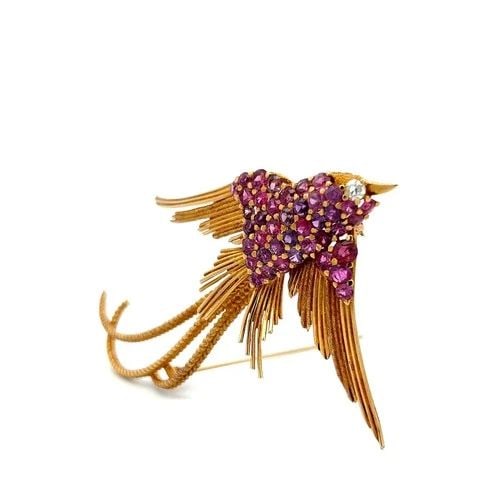 18K YG BIRD PIN BROOCH WITH 0.15 CARAT ROUND G-VS DIAMOND & 4.5 CARAT RUBY (1 of 2)
