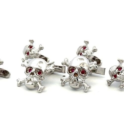 VINTAGE 18K WHITE GOLD SKULL LOCKING CUFFLINKS AND BUTTONS WITH 1 CARAT RUBY (1 of 2)
