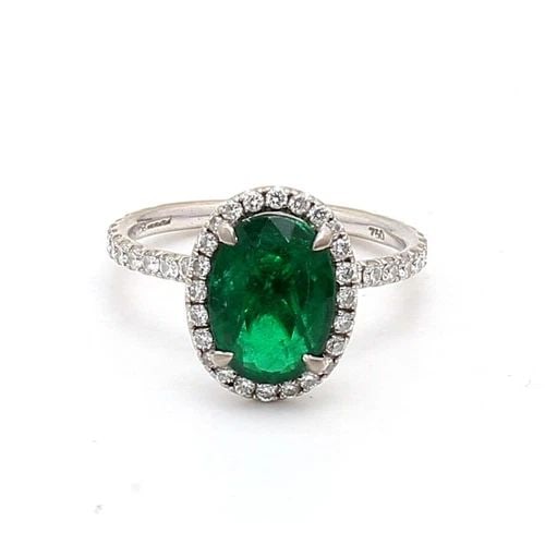2.19 CARAT EMERALD 0.60 CARAT ROUND DIAMOND 18K WHITE GOLD HALO RING (1 of 2)