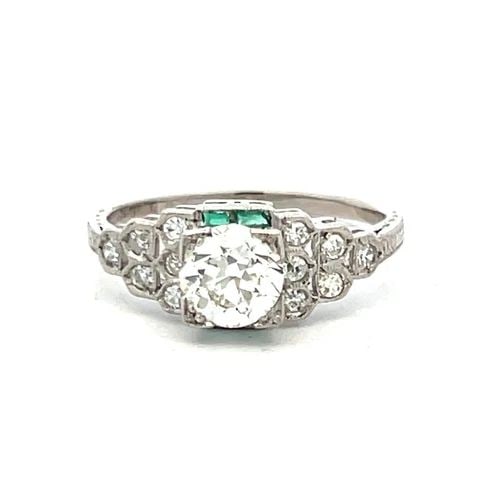 1.22 CARAT CIRCULAR BRILLIANT AND OLD EUROPEAN DIAMOND PLATINUM ART DECO RING: 1.22 CARAT CIRCULAR BRILLIANT AND OLD EUROPEAN DIAMOND PLATINUM ART DECO RING Title: 1.22 Carat Circular Brilliant Cut J VVS2 and Old European Cut J SI1 Diamond Platinum Art Deco Ring Style: Art Deco 