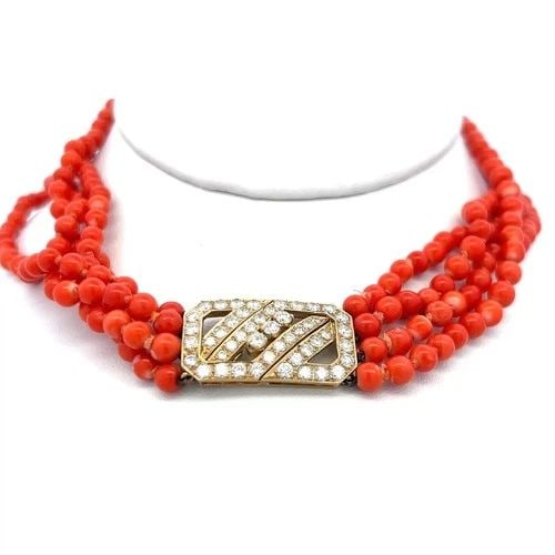 3.34 CARAT ROUND DIAMOND 4-4.50 MM CORAL 14 KARAT YELLOW GOLD CHOKER NECKLACE (1 of 2)