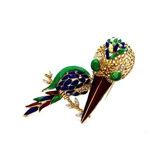 18K YELLOW GOLD ENAMEL LONG-BEAKED BIRD BROOCH WITH DIAMOND ACCENTS 35.1G (1 of 2)