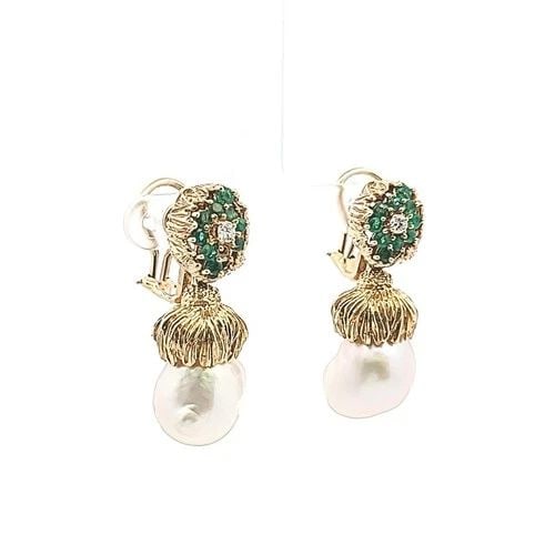 EMILE SCHAFFNER 18K YG DROP EARRINGS WITH 0.2CT DIAMONDS 0.2CT EMERALDS & PEARLS (1 of 2)