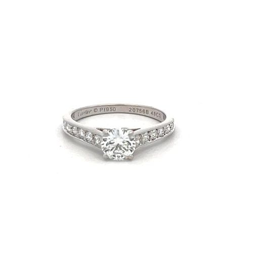 CARTIER 0.83 CARAT ROUND BRILLIANT E VS1 DIAMOND PLATINUM ENGAGEMENT RING: CARTIER 0.83 CARAT ROUND BRILLIANT E VS1 DIAMOND PLATINUM ENGAGEMENT RING Title: Cartier 0.83 Carat Round Brilliant E VS1 Diamond Platinum Engagement Ring Style: Engagement Metal: Platinum Gemstone 1: