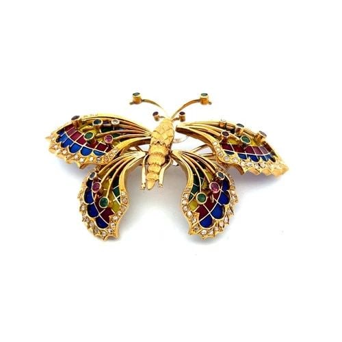 0.31 CARAT DIAMOND 0.35 CARAT MULTI COLOR GEMS 18 KARAT YELLOW GOLD PIN BROOCH (1 of 2)