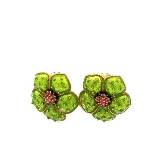 HIDALGO 18K YELLOW GOLD GREEN ENAMEL FLOWER CLIP-ON EARRINGS WITH SAPPHIRES: HIDALGO 18K YELLOW GOLD GREEN ENAMEL FLOWER CLIP-ON EARRINGS WITH SAPPHIRES PRODUCT DESCRIPTION Designer: HIDALGO Title: These striking vintage Hidalgo earrings showcase a vibrant green enamel floral 