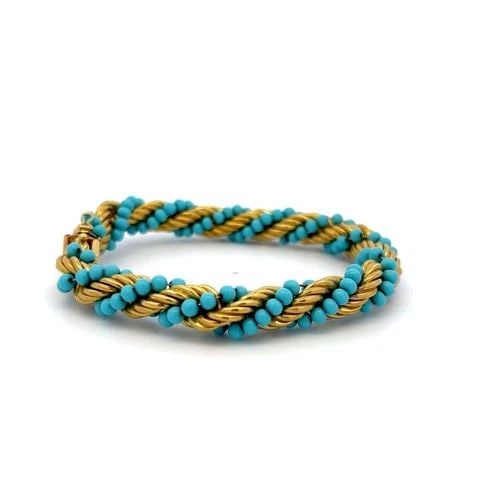 VINTAGE 24.50 GRAMS TURQUOISE 18 KARAT YELLOW GOLD BEAD BRACELET: VINTAGE 24.50 GRAMS TURQUOISE 18 KARAT YELLOW GOLD BEAD BRACELET Title: 18 Karat Yellow Gold Bead Bracelet Style: Bead Metal: 18 Karat Yellow Gold Size: 6.5 Weight: 24.5 Grams Condition: Vintage And E