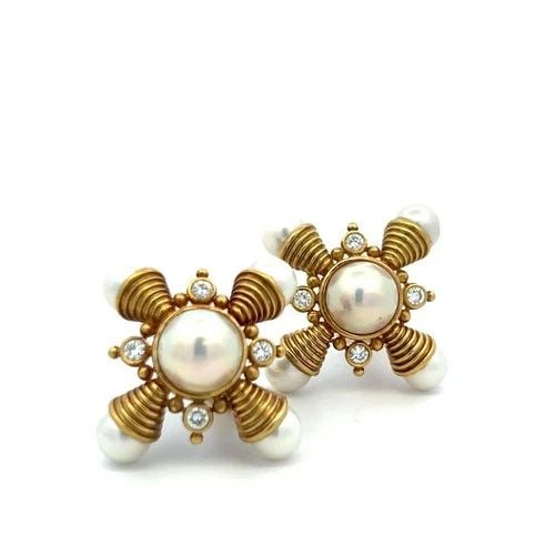ELIZABETH GAGE 18K YG CLIP-ON EARRINGS 0.8 CARAT DIAMONDS 7.3-10.2 MM PEARL (1 of 2)