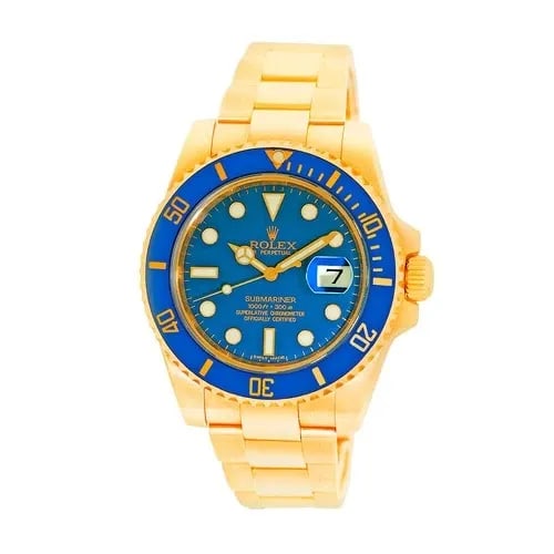 ROLEX 18K YELLOW GOLD 40MM SUBMARINER DATE BLUE DIAL 116618 BOX WARRANTY MINTY: ROLEX 18K YELLOW GOLD 40MM SUBMARINER DATE BLUE DIAL 116618 BOX WARRANTY MINTY Description:: Certified Pre-Owned Gent's 18K Yellow Gold 40mm Rolex "Submariner". Blue Dial with Yellow Gold Luminescent 