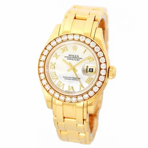 ROLEX 18K YELLOW GOLD PEARLMASTER MASTERPIECE FACTORY DIAMONDS 80298 M SERIAL: ROLEX 18K YELLOW GOLD PEARLMASTER MASTERPIECE FACTORY DIAMONDS 80298 M SERIAL ROLEX Lady's 29mm 18K Yellow Gold Pearlmaster Masterpiece Factory Diamonds 80298 Certified Pre-Owned Lady's 18K Yellow Gol