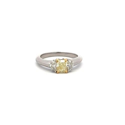 1.30 CARAT RADIANT FANCY YELLOW AND HALF MOON DIAMOND 18K GLD-P THREE STONE RING: 1.30 CARAT RADIANT FANCY YELLOW AND HALF MOON DIAMOND 18K GLD-P THREE STONE RING Title: 1.30 Carat Radiant Cut Fancy light yellow VS1 and Half Moon Shape H VS Diamond 18 Karat Two Tone Gold/Platinum T