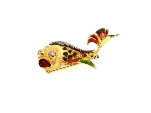 VINTAGE 14K TWO TONE GOLD FISH PIN BROOCH 0.32CT OLD EUROPEAN CUT DIAMONDS (1 of 2)