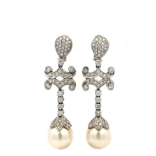 VINTAGE 18K WG DROP EARRINGS WITH 3 CARAT ROUND H-SI DIAMONDS & 12 MM PEARL (1 of 2)