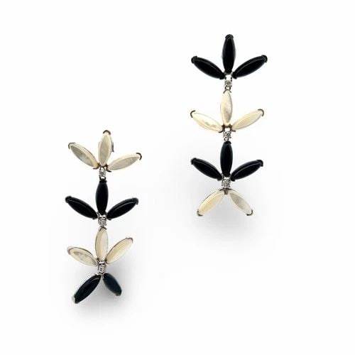 18K YG DANGLING EARRINGS WITH 0.3 CARAT ROUND DIAMONDS 5.54X14.64 MM OPAL & ONYX: 18K YG DANGLING EARRINGS WITH 0.3 CARAT ROUND DIAMONDS 5.54X14.64 MM OPAL & ONYX Video: Video Link Detailed Description: 0.3 Ct Diamond H Si, Opal, Onyx Turn heads with these stunning dangling earring