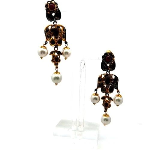 18K YELLOW GOLD DANGLING EARRINGS WITH 8.2-9.5 MM PEARLS AND 2.2 CARAT RUBIES (1 of 2)