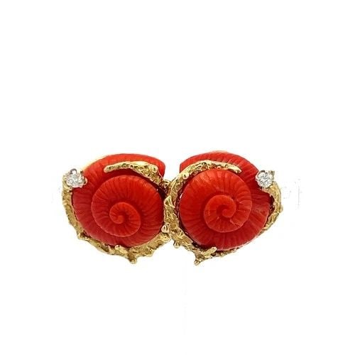 18K YELLOW GOLD STUDS EARRINGS WITH 0.1 CARAT ROUND DIAMONDS 16.1-16.4 MM CORAL (1 of 2)