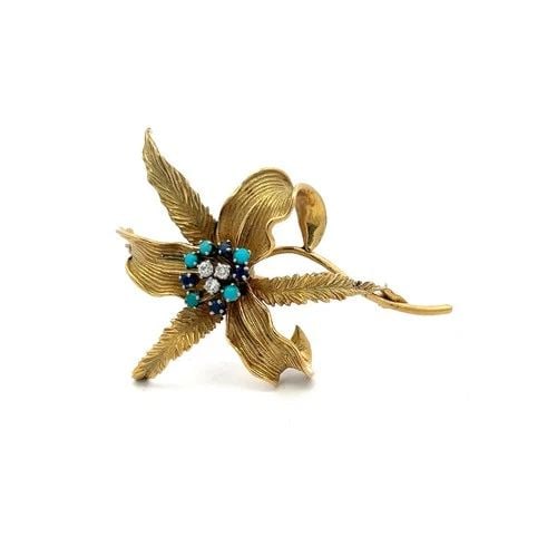 18K YG PIN BROOCH WITH 0.09CT DIAMONDS 0.12CT SAPPHIRES & 2.1 MM TURQUOISE: 18K YG PIN BROOCH WITH 0.09CT DIAMONDS 0.12CT SAPPHIRES & 2.1 MM TURQUOISE PRODUCT DESCRIPTION Detailed Description: Experience timeless elegance with this vintage 18K yellow gold pin brooch, masterfu