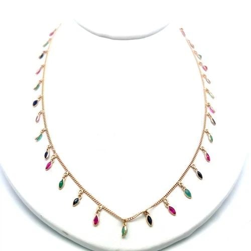 VINTAGE 14K YELLOW GOLD STATION NECKLACE WITH EMERALD SAPPHIRE & RUBY GEMSTONES: VINTAGE 14K YELLOW GOLD STATION NECKLACE WITH EMERALD SAPPHIRE & RUBY GEMSTONES VINTAGE 14K YELLOW GOLD STATION NECKLACE WITH EMERALD SAPPHIRE & RUBY GEMSTONES PRODUCT DESCRIPTION Detailed Description