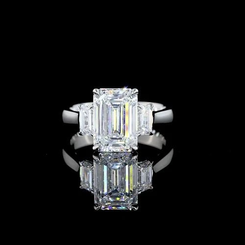 LAB-GROWN 3.85 CARAT EMERALD E-F-VS2 DIAMOND PLATINUM THREE STONES RING: LAB-GROWN 3.85 CARAT EMERALD E-F-VS2 DIAMOND PLATINUM THREE STONES RING Title: High-quality Brand-New Echo Friendly Elegant Lab-Grown 3.85 Carat Emerald E-F-VS2 Diamond Platinum Three Stones Ring Vide