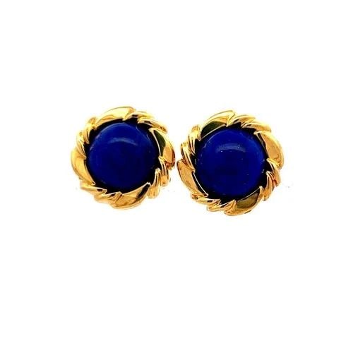 .8 MM LAPIS LAZULI 18K YELLOW GOLD CLIP-ON EARRINGS – VINTAGE BLUE CABOCHON STUD: .8 MM LAPIS LAZULI 18K YELLOW GOLD CLIP-ON EARRINGS – VINTAGE BLUE CABOCHON STUD Title: These stunning vintage 18K yellow gold clip-on earrings feature two deep royal blue lapis lazuli cabochons, ea