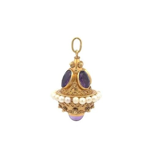 18K YELLOW GOLD PENDANT WITH 9.72 - 7.14 MM AMETHYST & 3.75 X 3.62 MM PEARLS: 18K YELLOW GOLD PENDANT WITH 9.72 - 7.14 MM AMETHYST & 3.75 X 3.62 MM PEARLS Detailed Description: Unique Design A stunning vintage 18K yellow gold pendant, weighing 17.4 grams, featuring a unique and