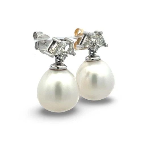 14K WHITE GOLD DROP EARRINGS WITH 1.56 CARAT DIAMONDS AND 13.2-14.6 MM PEARL (1 of 2)