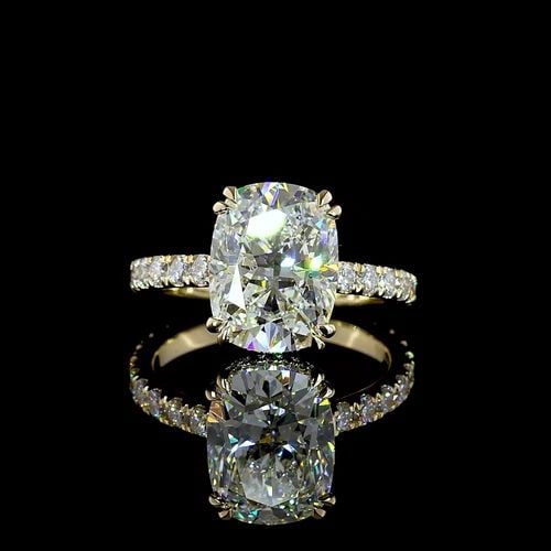 LAB-GROWN 4.81 CARAT CUSHION BRILLIANT E-F-VVS2 DIAMOND 14K YG HIDDEN HALO RING: LAB-GROWN 4.81 CARAT CUSHION BRILLIANT E-F-VVS2 DIAMOND 14K YG HIDDEN HALO RING PRODUCT DESCRIPTION Title: High-quality Brand-New Echo Friendly Elegant Lab-Grown 4.81 Carat Cushion Brilliant E-F-VVS2 