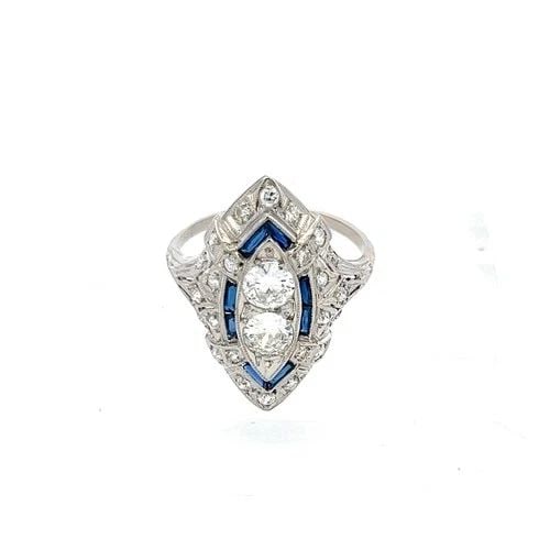 PLATINUM ART DECO RING WITH 1 CARAT DIAMOND & 0.32 CARAT SAPPHIRE SIZE 8.75: PLATINUM ART DECO RING WITH 1 CARAT DIAMOND & 0.32 CARAT SAPPHIRE SIZE 8.75 Video: Video Link Detailed Description: Celebrate timeless elegance with this Art Deco platinum ring, a vintage masterpiece 