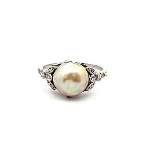0.12 CARAT OLD EUROPEAN CUT DIAMOND 8.75MM PEARL PLATINUM ART DECO RING (1 of 2)