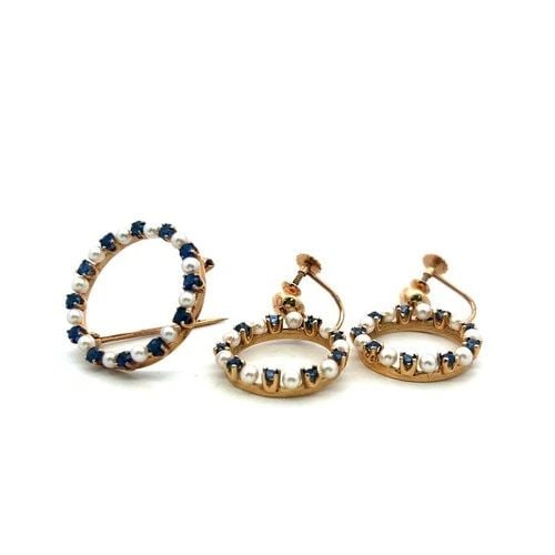 14K YG PIN BROOCH & DANGLING EARRINGS SET WITH 1.04 CARAT SAPPHIRE AND PEARLS (1 of 2)