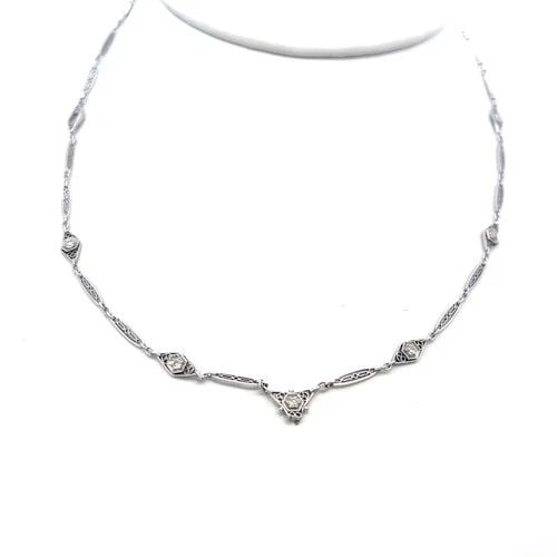18K WHITE GOLD STATION NECKLACE WITH 0.33 CARAT OLD EUROPEAN CUT H-VS DIAMONDS: 18K WHITE GOLD STATION NECKLACE WITH 0.33 CARAT OLD EUROPEAN CUT H-VS DIAMONDS 18K WHITE GOLD STATION NECKLACE WITH 0.33 CARAT OLD EUROPEAN CUT H-VS DIAMONDS PRODUCT DESCRIPTION Video: Video Link Deta