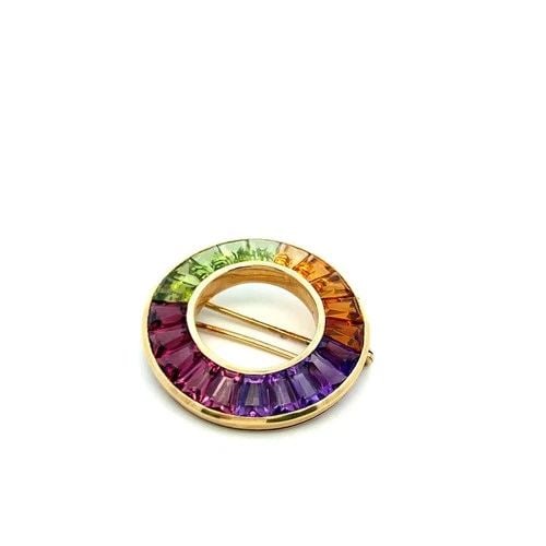 VINTAGE 14K YELLOW GOLD PIN BROOCH WITH MULTI-GEMSTONES 10.46G: VINTAGE 14K YELLOW GOLD PIN BROOCH WITH MULTI-GEMSTONES 10.46G VINTAGE 14K YELLOW GOLD PIN BROOCH WITH MULTI-GEMSTONES 10.46G PRODUCT DESCRIPTION Detailed Description: Enhance your collection with thi