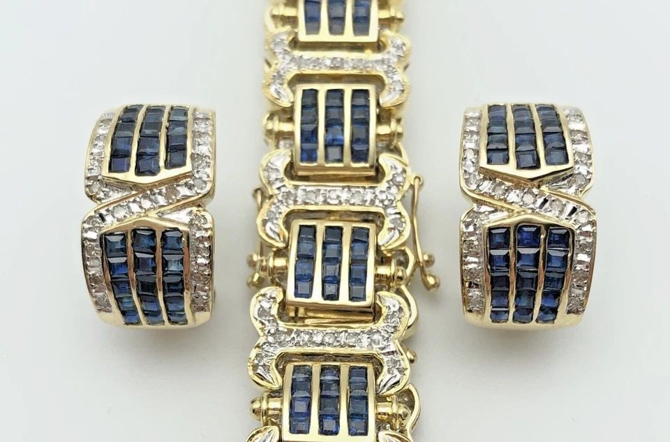 14K GOLD BRACELET AND EARRINGS SET, NATURAL SAPPHIRES AND 1.70CTS DIAMONDS 41.5G: 14K GOLD BRACELET AND EARRINGS SET, WITH NATURAL SAPPHIRES AND 1.70CTS DIAMONDS 14k Gold Bracelet and Earrings Set, with Sapphires and 1.70cts Diamonds You are bidding on a 14k Gold Bracelet and Earri