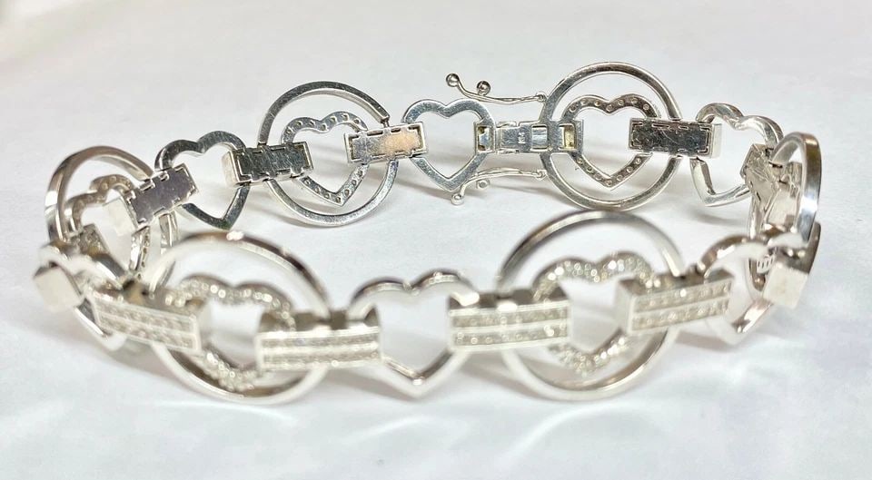 14K WHITE GOLD HEART BRACELET WITH 2.27CTS NATURAL DIAMONDS (8 INCH ) 31.2 GRAM (1 of 2)