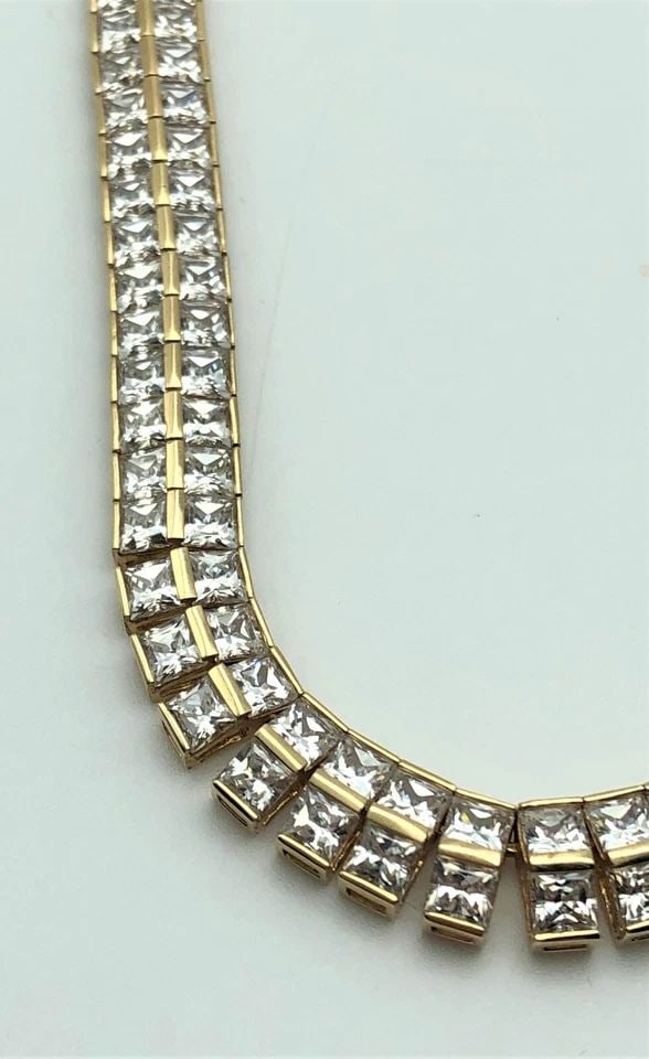 14K SOLID GOLD NECKLACE WITH TWO ROWS OF CUBIC ZIRCONIA ( 16.5 INCH ) 40.6G: 14K SOLID GOLD NECKLACE WITH TWO ROWS OF CUBIC ZIRCONIA (16.5") 14k solid Gold necklace with two rows of Cubic Zirconia (16.5") You are bidding on a 14k solid Gold Necklace with two rows CZ. The neckl
