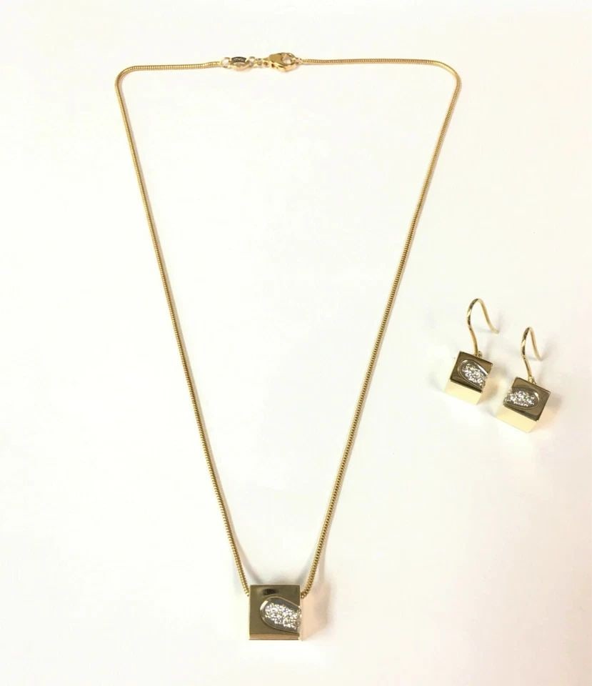 MOVADO 18K GOLD CUBE PENDANT, 16" NECKLACE & EARRINGS SET, 0.45CT DIAMONDS 22.6G (1 of 2)