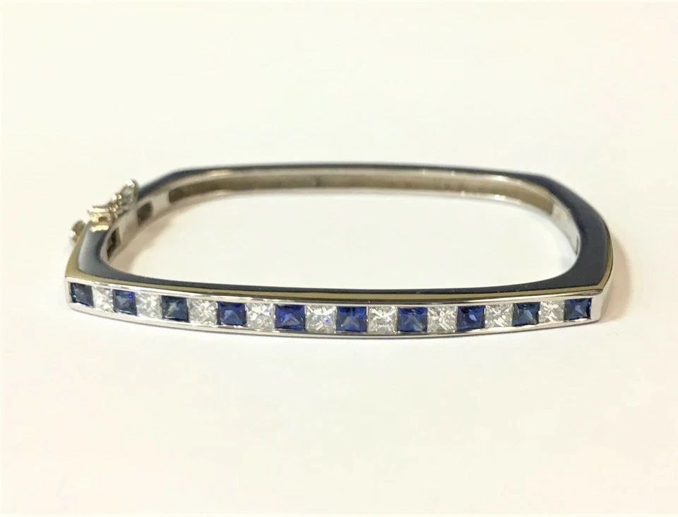 14K WHITE GOLD BANGLE 1.17CTS DIAMOND, 1.5CTS SAPPHIRE (6.5 INCH) 19 GRAMS (1 of 2)