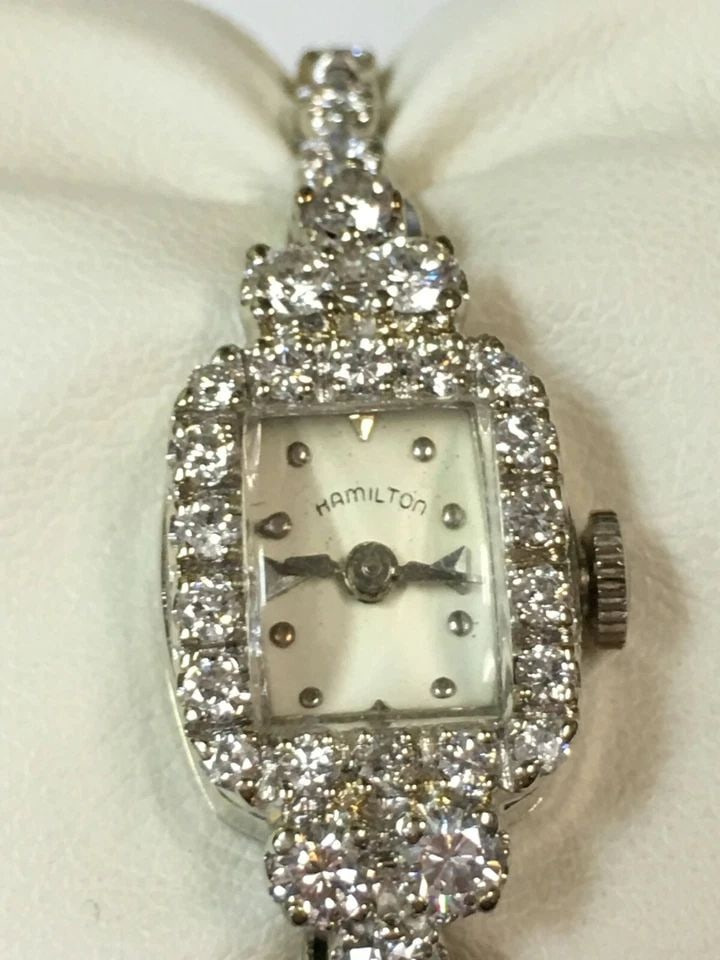 VINTAGE WOMAN'S HAMILTON 14K WHITE GOLD WATCH WITH 1.85CTS DIAMONDS 16.3 GRAM (1 of 2)