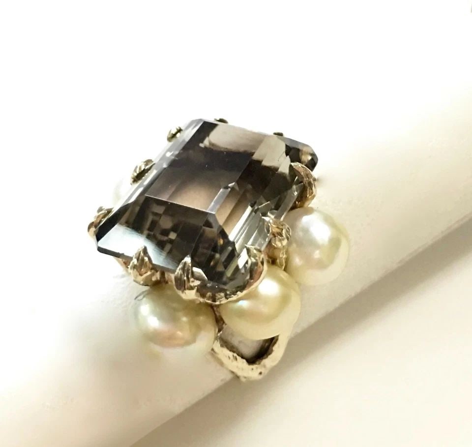 14K YELLOW GOLD RING WITH SMOKY QUARTZ AND PEARLS (SIZE: 8.5) 19.3 GRAMS (1 of 2)