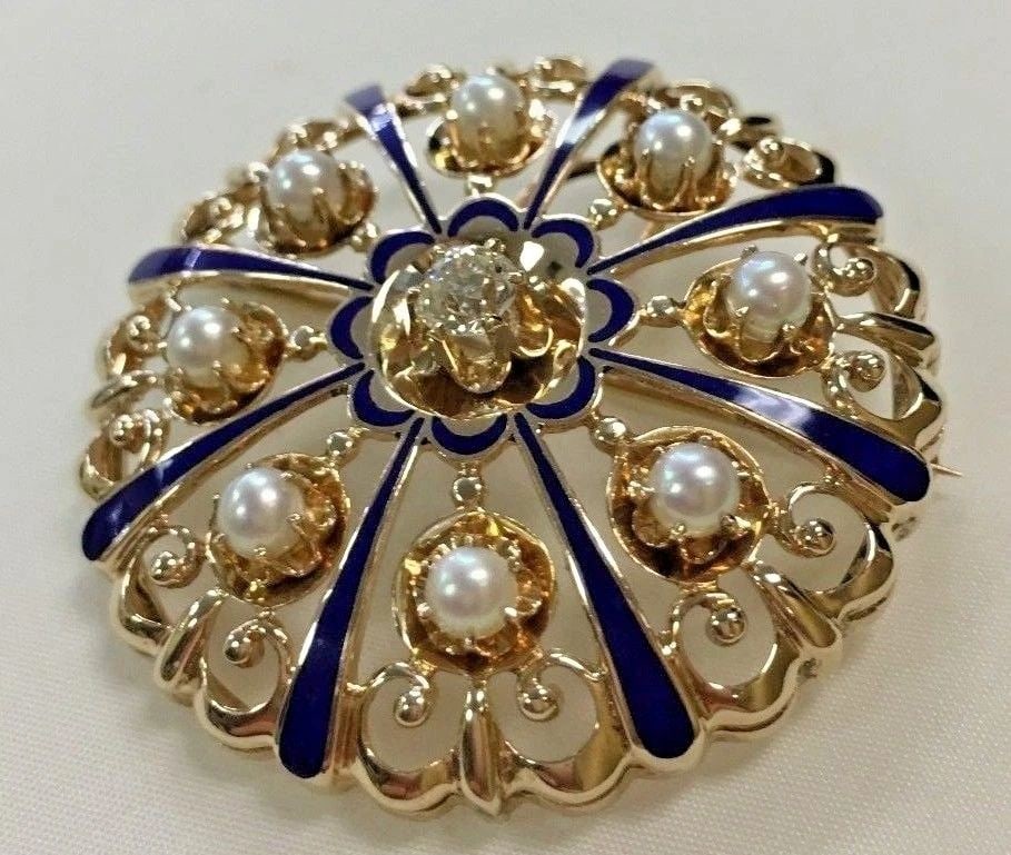 14K YELLOW GOLD BROOCH / PENDANT WITH ENAMELING, DIAMOND, PEARLS 18 GRAMS (1 of 2)