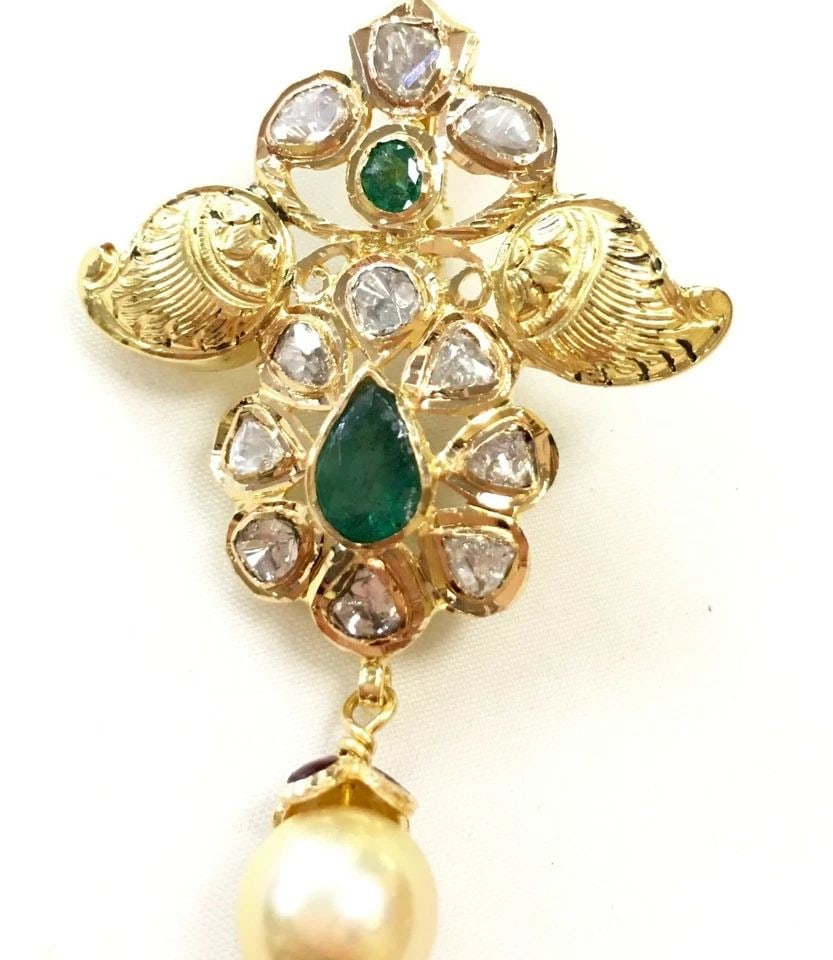 22K GOLD HAND MADE PENDANT WITH DIAMONDS, EMERALDS, AND PEARL (9.4 GRAMS) (1 of 2)