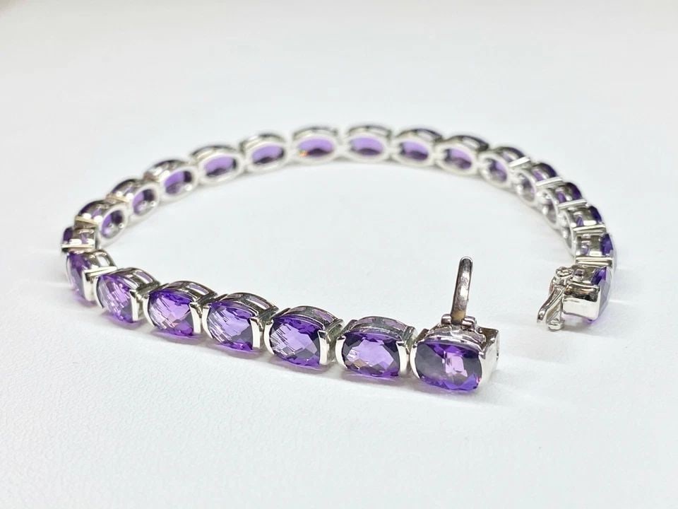 14K WHITE GOLD BRACELET WITH 7MM X 5MM AMETHYSTS 16.56CTS ( 7 INCH ) 12.6G (1 of 2)
