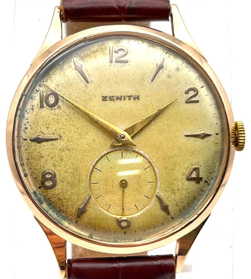 VINTAGE ZENITH 18K ROSE GOLD WATCH WITH LEATHER BAND AGED DIAL (1 of 2)