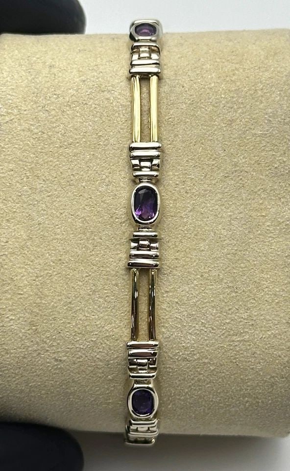14K TWO TONED GOLD BRACELET WITH 1.50CTS OF AMETHYST ( 7 INCHES ) 13.3G (1 of 2)