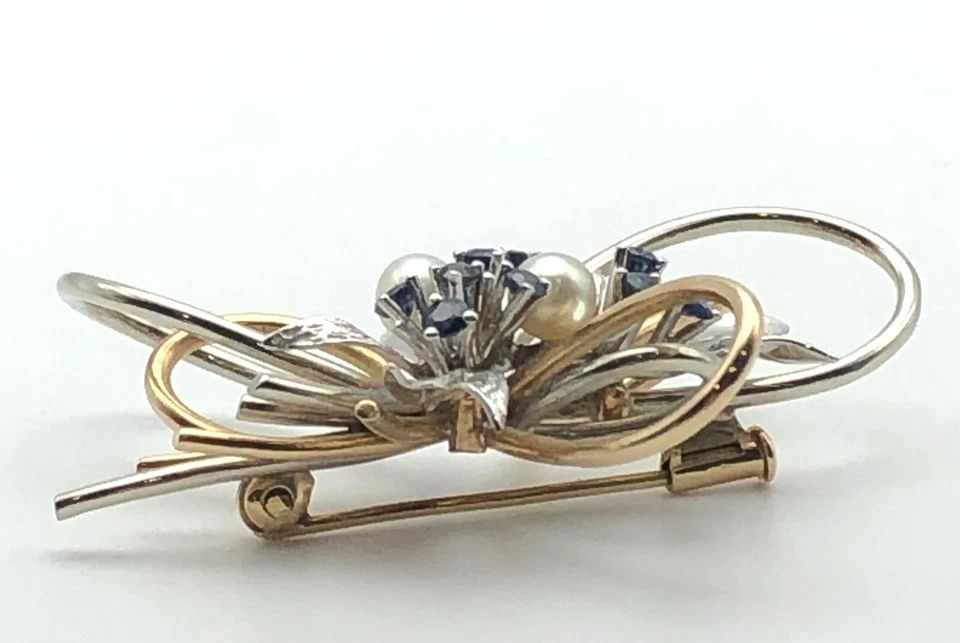 14K TWO TONED GOLD FLORAL BROOCH/PIN, NATURAL SAPPHIRES/CULTURED PEARLS 12.2GRAM (1 of 2)