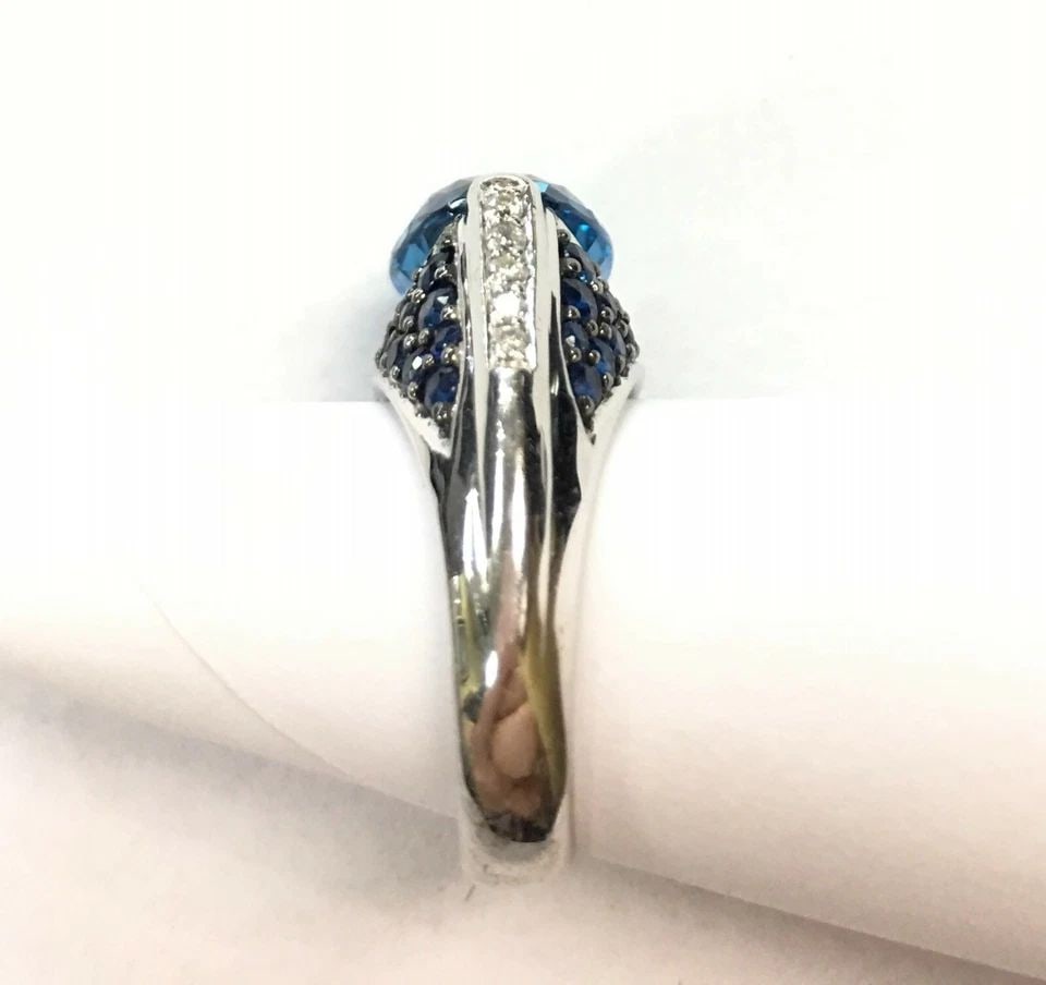 18K WHITE GOLD, DIAMONDS, SAPPHIRE, AND BLUE TOPAZ RING ( SIZE: 6.5 ) 9.4G (1 of 2)