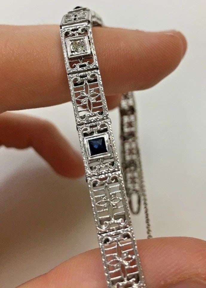 14K WHITE GOLD BRACELET WITH NATURAL SAPPHIRES & DIAMONDS (7 INCH) 10.9 GRAMS (1 of 2)
